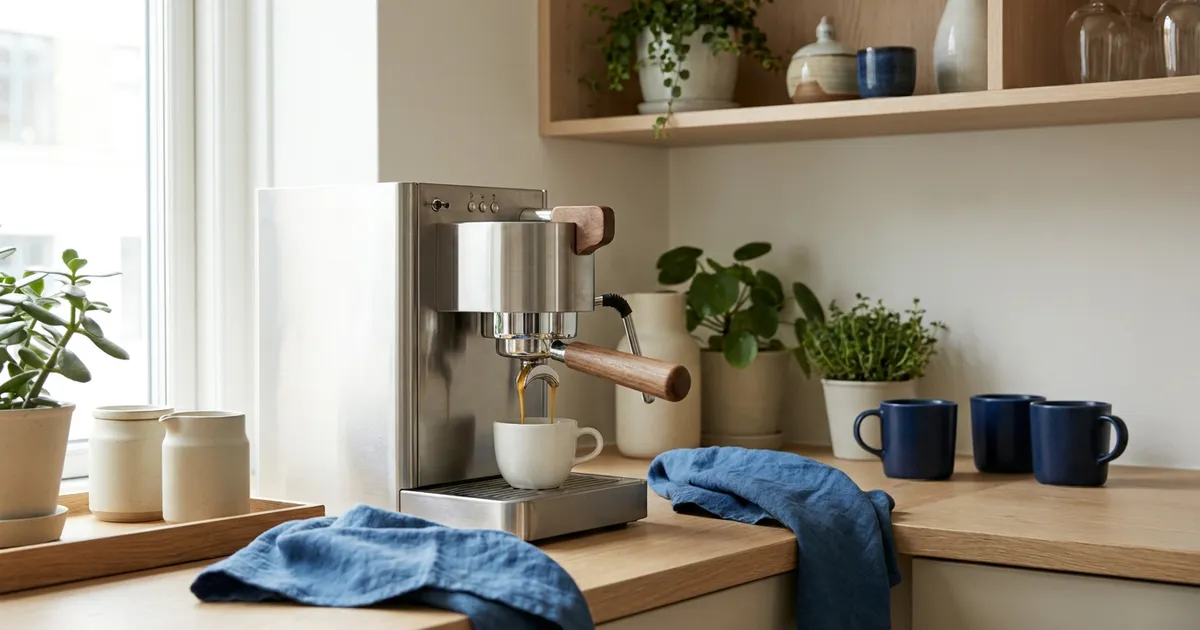 Espressomaskine brygger en espresso med crema i et lyst dansk køkken