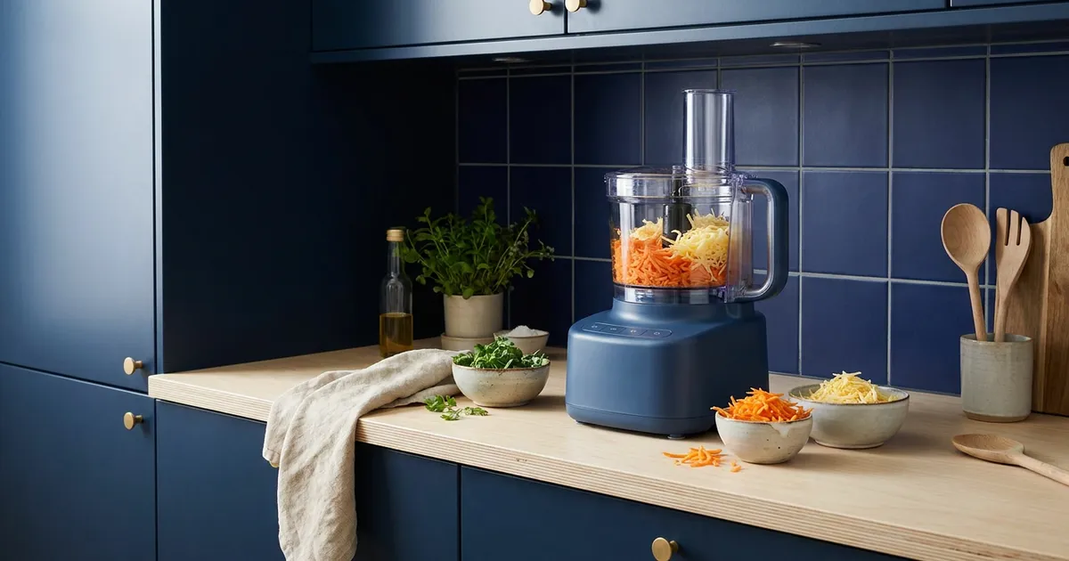 Foodprocessor snitter grøntsager i en skål på et køkkenbord i et lyst dansk køkken