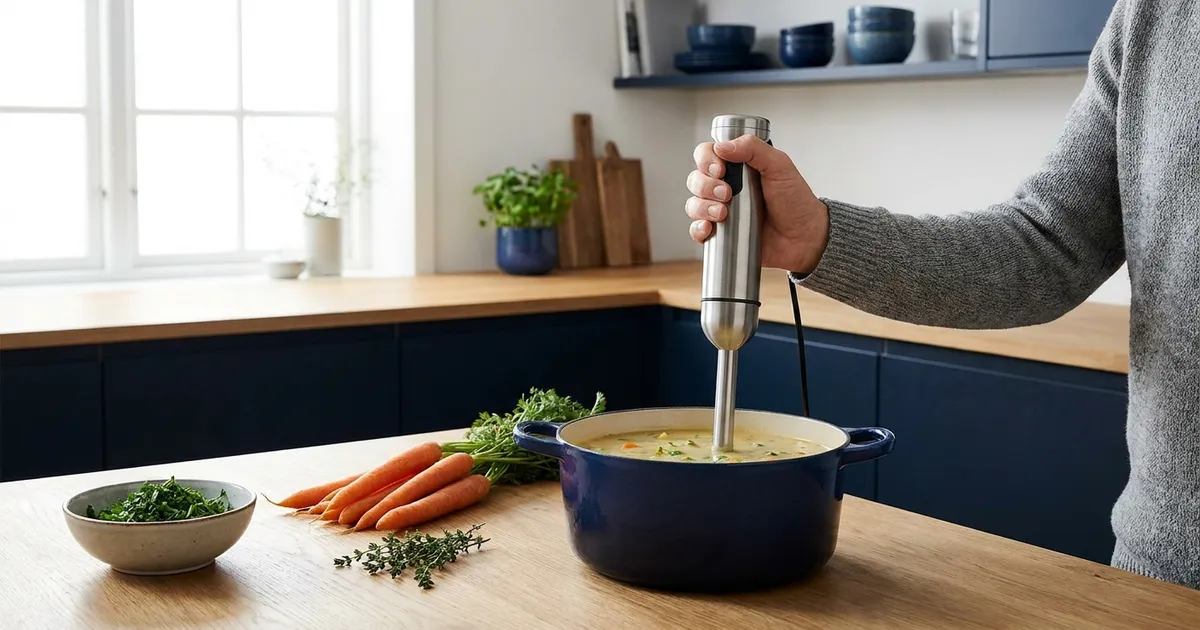 Stavblender blender suppe direkte i en gryde på et køkkenbord i et lyst dansk køkken
