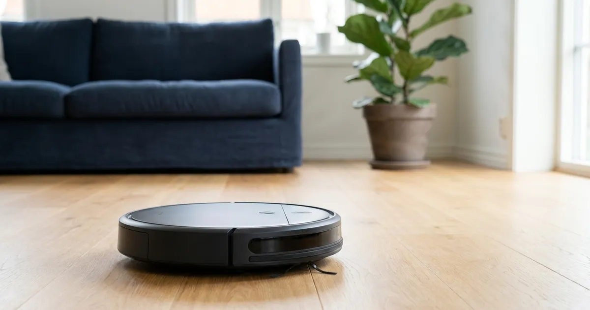 Robotstøvsuger kører hen over et lyst trægulv i en dansk stue