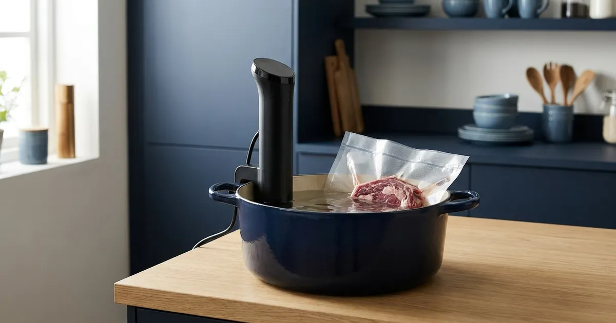 Sous vide-stav i et vandbad med vakuumpakket kød på et køkkenbord i et lyst dansk køkken