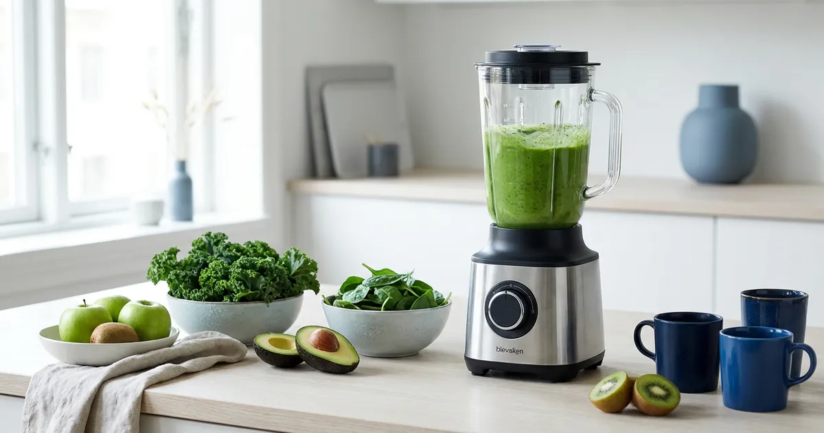Blender laver en grøn smoothie på et køkkenbord i et lyst dansk køkken