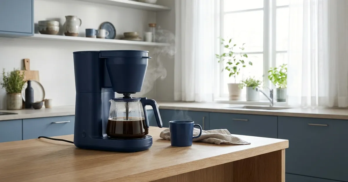 Filterkaffemaskine brygger frisk kaffe i en kande i et lyst dansk køkken
