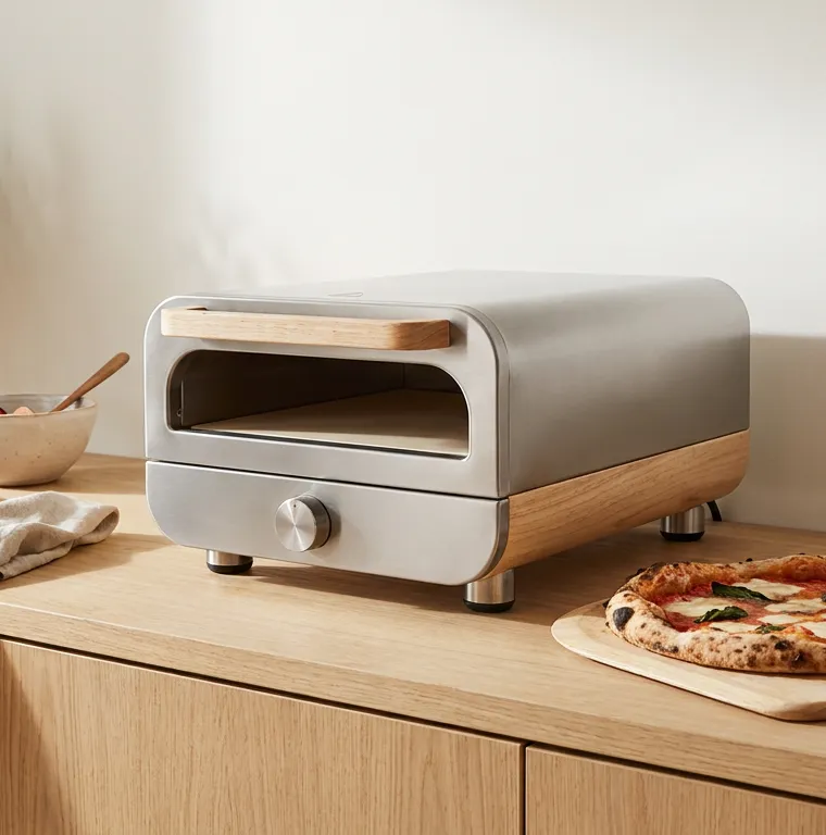 Kompakt elektrisk pizzaovn på et skandinavisk køkkenbord