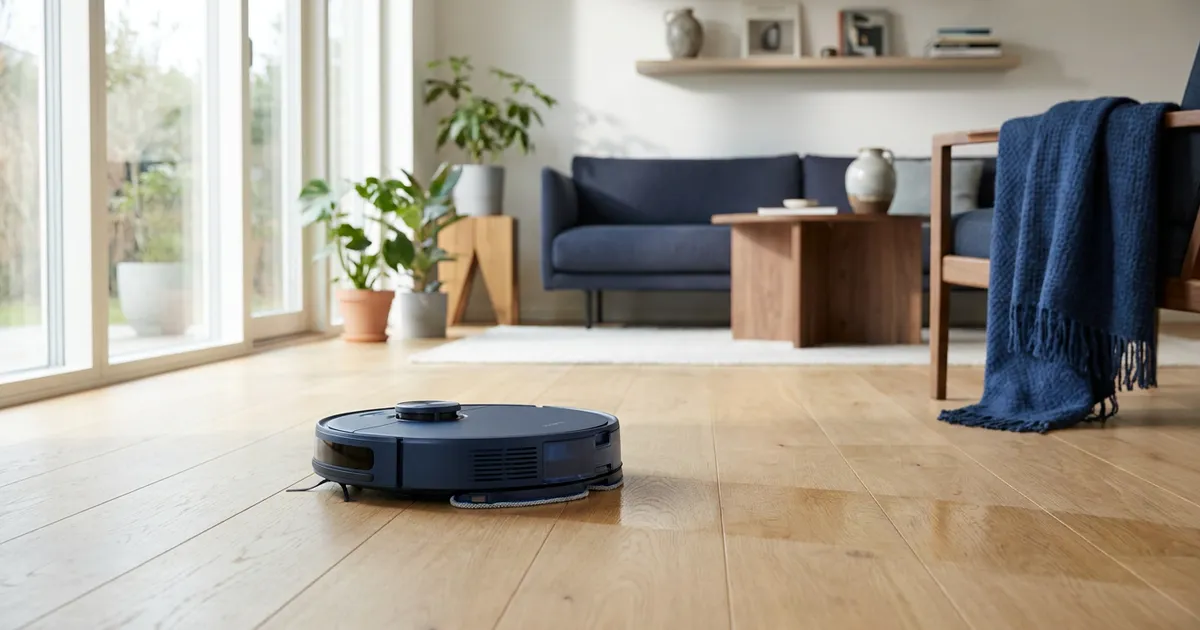 Robotstøvsuger med gulvvask vasker et lyst trægulv i en dansk stue