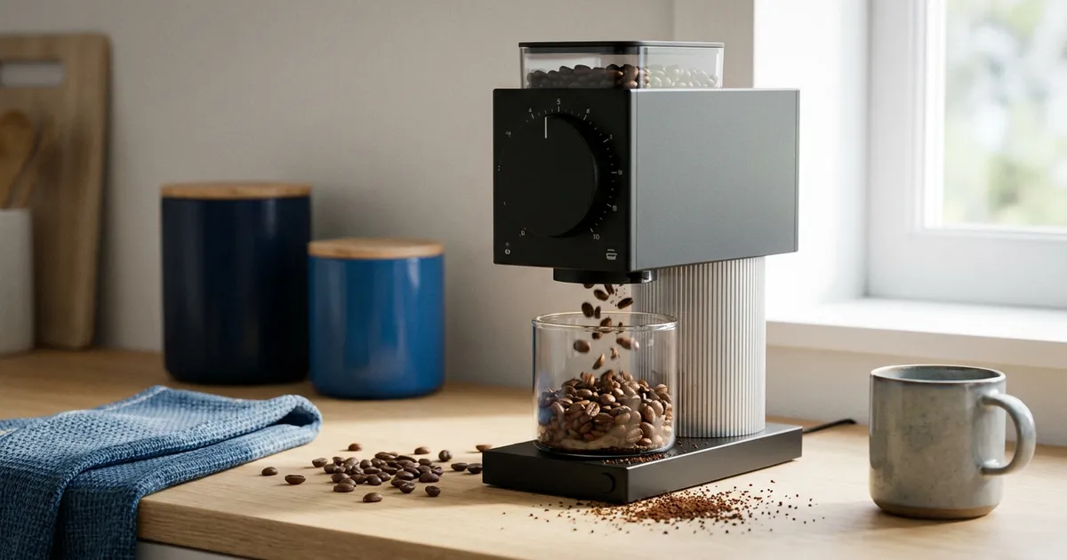 Kaffekværn maler friske kaffebønner i et lyst dansk køkken