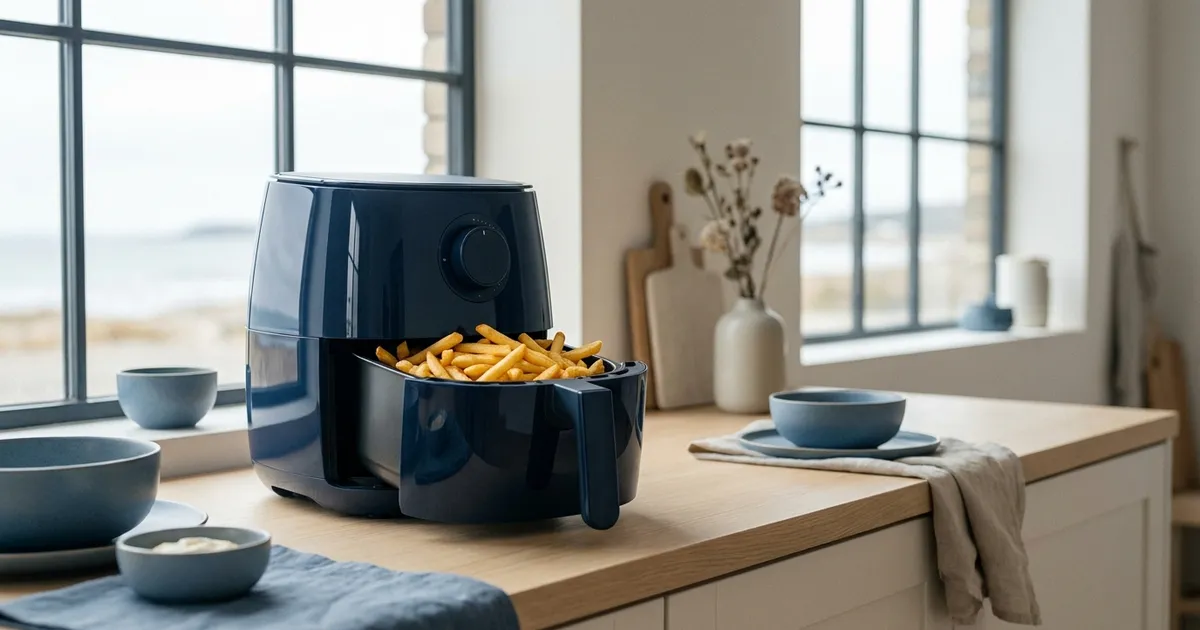 Airfryer på et køkkenbord i et lyst dansk køkken med pommes frites i kurven