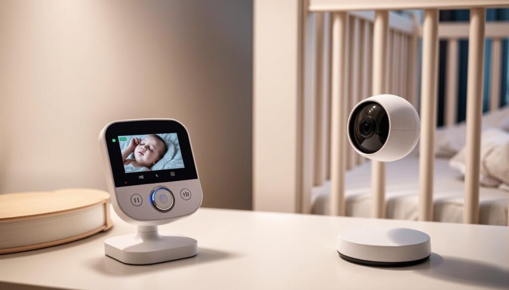 Babyalarm på natbord ved siden af en barneseng