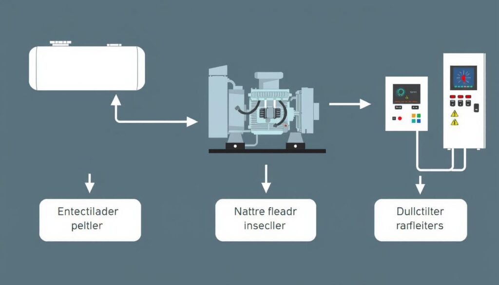 Diagram over nødgenerators funktionsprincip med forklaring af hovedkomponenter Diagram over nødgenerators funktionsprincip med forklaring af hovedkomponenter