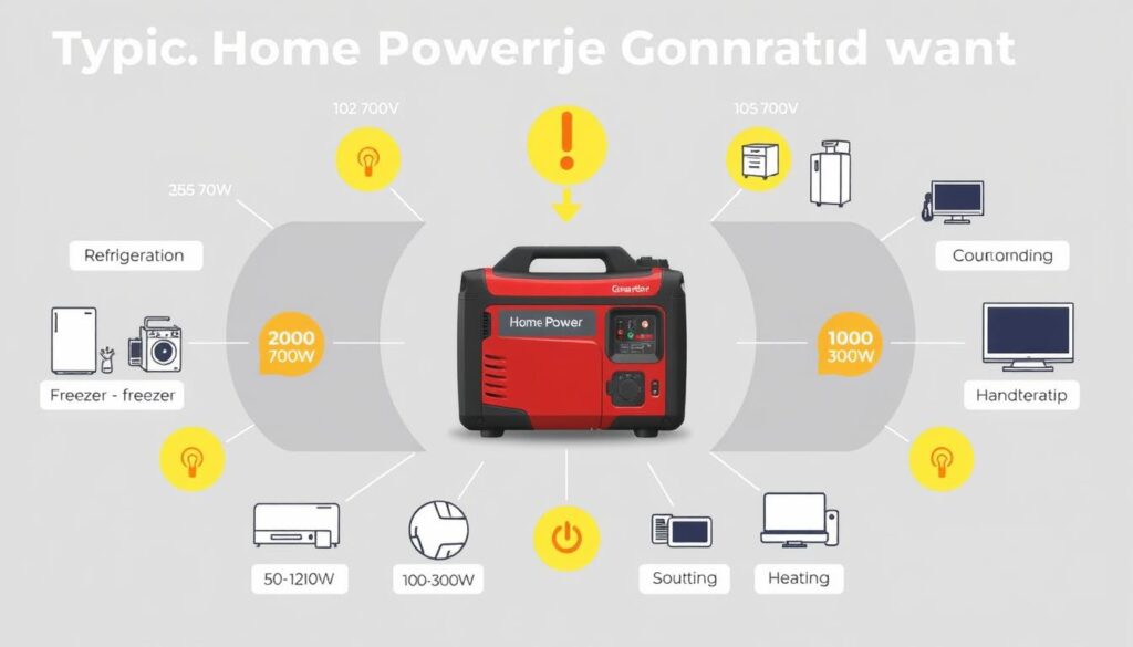 Diagram over typisk strømforbrug for husholdningsapparater med nødgenerator i centrum Diagram over typisk strømforbrug for husholdningsapparater med nødgenerator i centrum