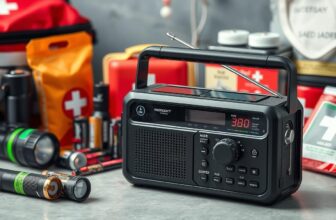 En nødradio med håndsving og solcelle placeret i et hjemmeberedskabskit med lommelygte og førstehjælpsudstyr