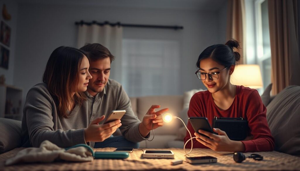 Familie bruger solcelle powerbank under strømafbrydelse til at oplade flere enheder
