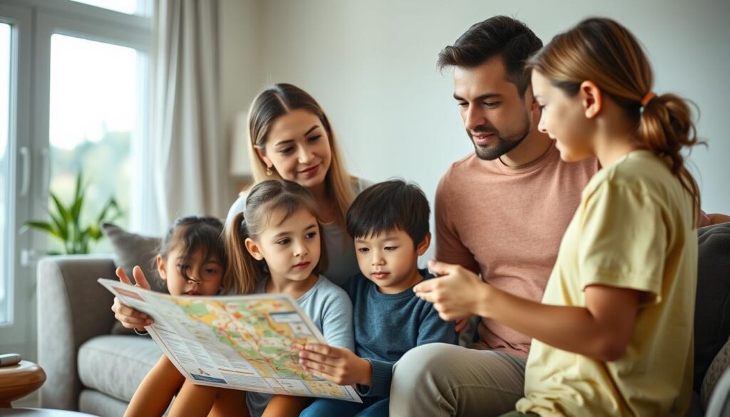 Familie der gennemgår deres nødsituationsplan og evakueringsruter