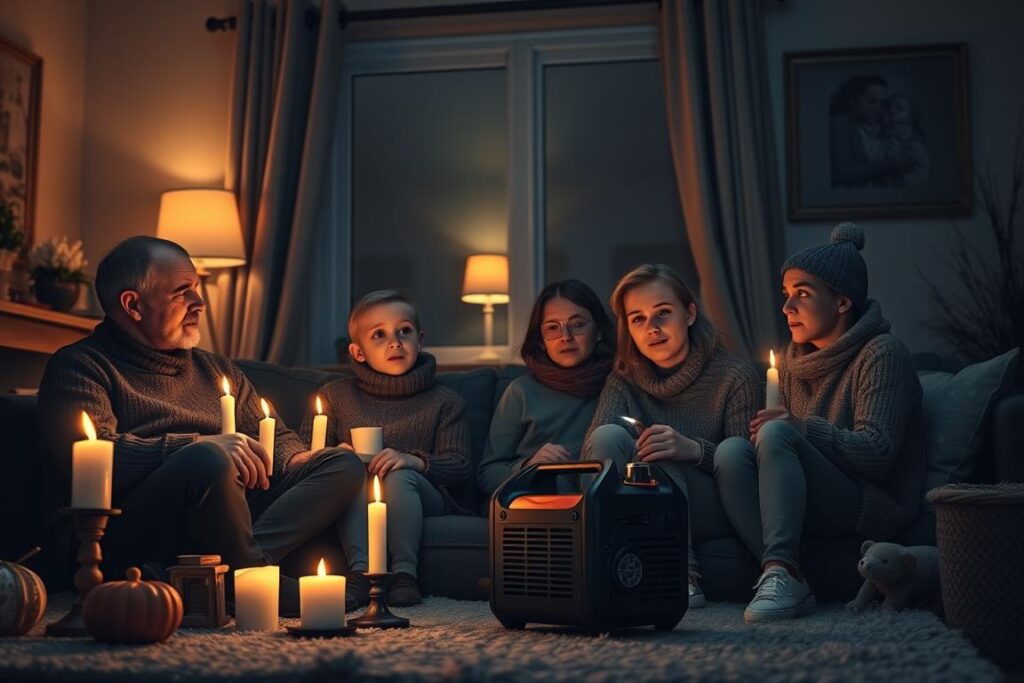 Familie der sidder i stearinlys under en strømafbrydelse med en nødgenerator i baggrunden Familie der sidder i stearinlys under en strømafbrydelse med en nødgenerator i baggrunden