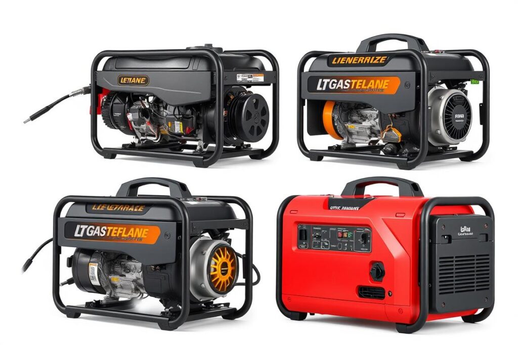 Fire forskellige typer nødgeneratorer side om side: benzin, diesel, gas og inverter Fire forskellige typer nødgeneratorer side om side: benzin, diesel, gas og inverter