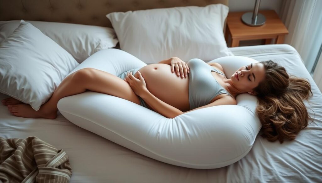 Gravid kvinde der sover behageligt med en graviditetspude