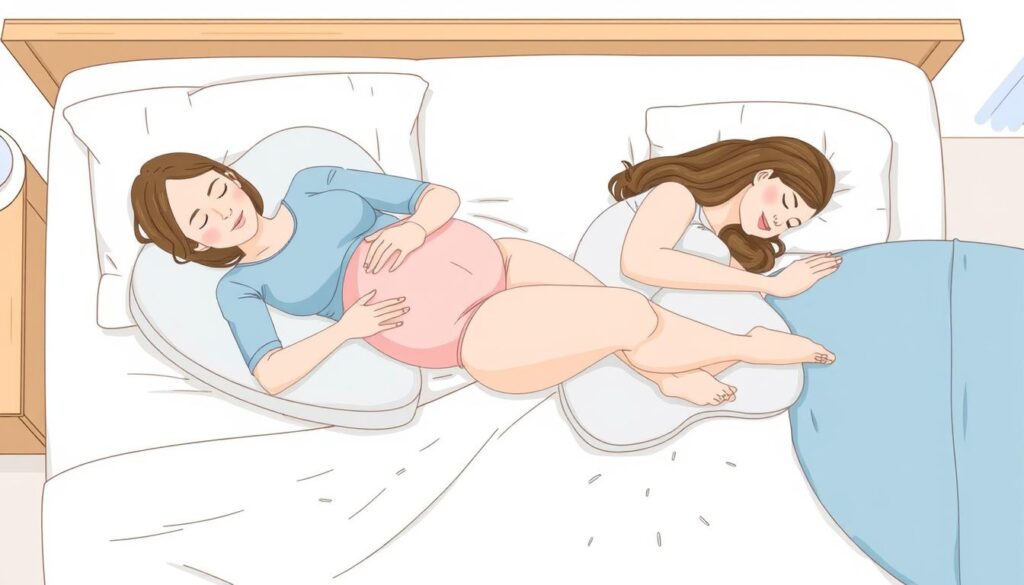 Illustration af en gravid kvinde, der bruger en graviditetspude i sengen