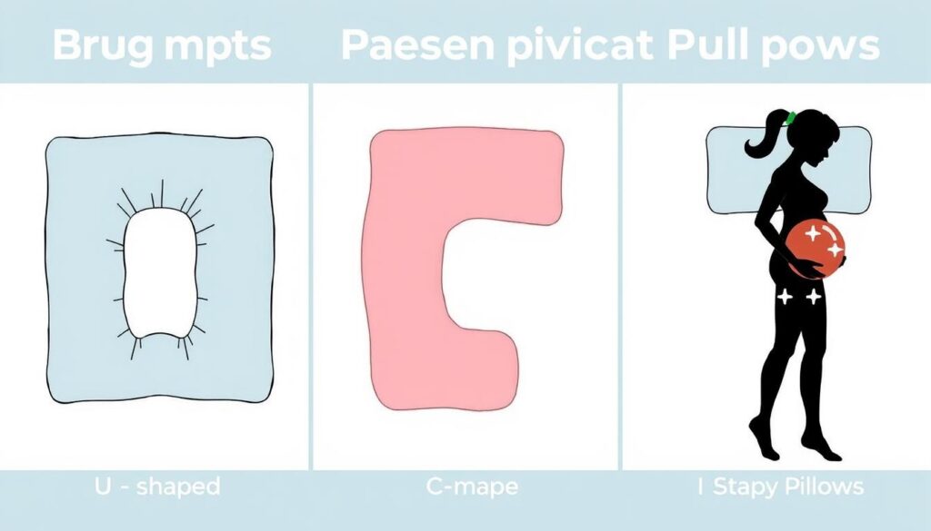 Illustration af forskellige typer graviditetspuder: U-formet, C-formet og I-formet