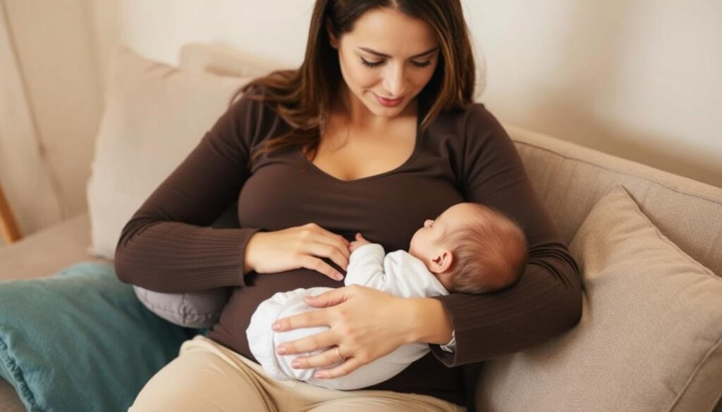 Mor der ammer baby med støtte fra en graviditetspude