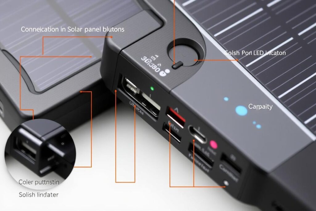 Nærbillede af solcelle powerbank der viser tekniske specifikationer og porte