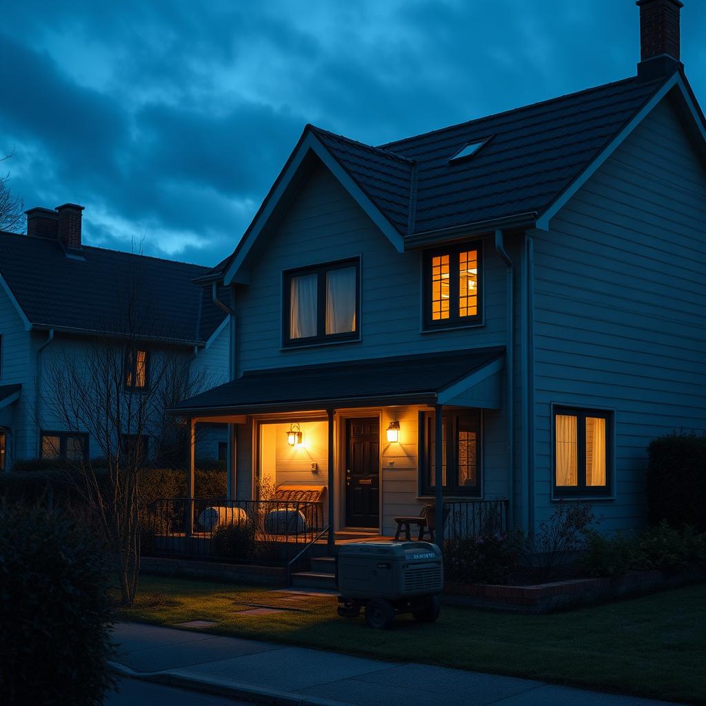 Oplyst hjem under strømafbrydelse med nødgenerator som strømkilde Oplyst hjem under strømafbrydelse med nødgenerator som strømkilde