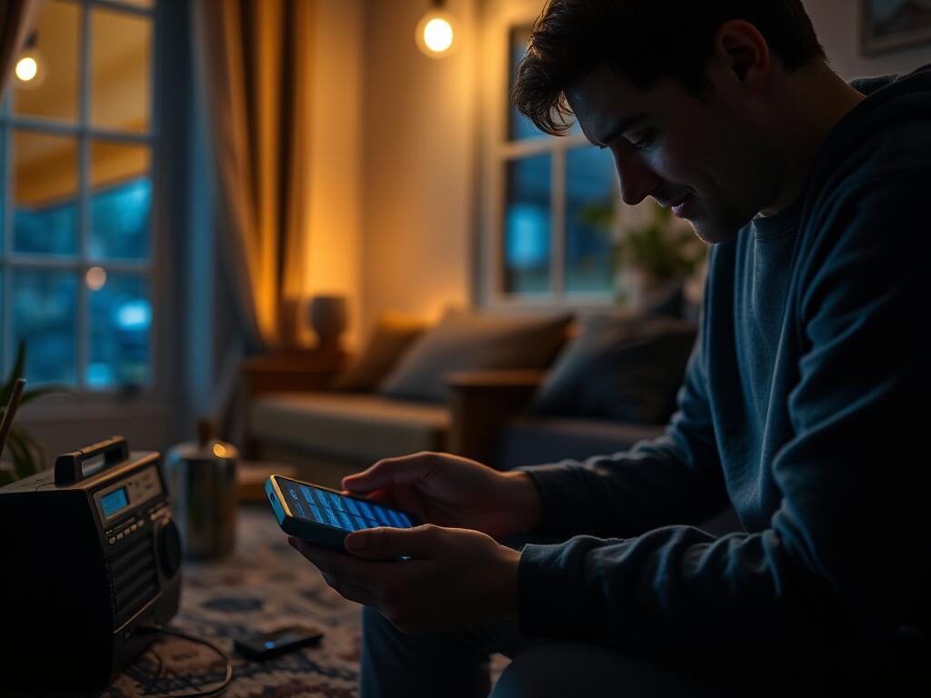 Person bruger solcelle powerbank under strømafbrydelse til at oplade nødudstyr