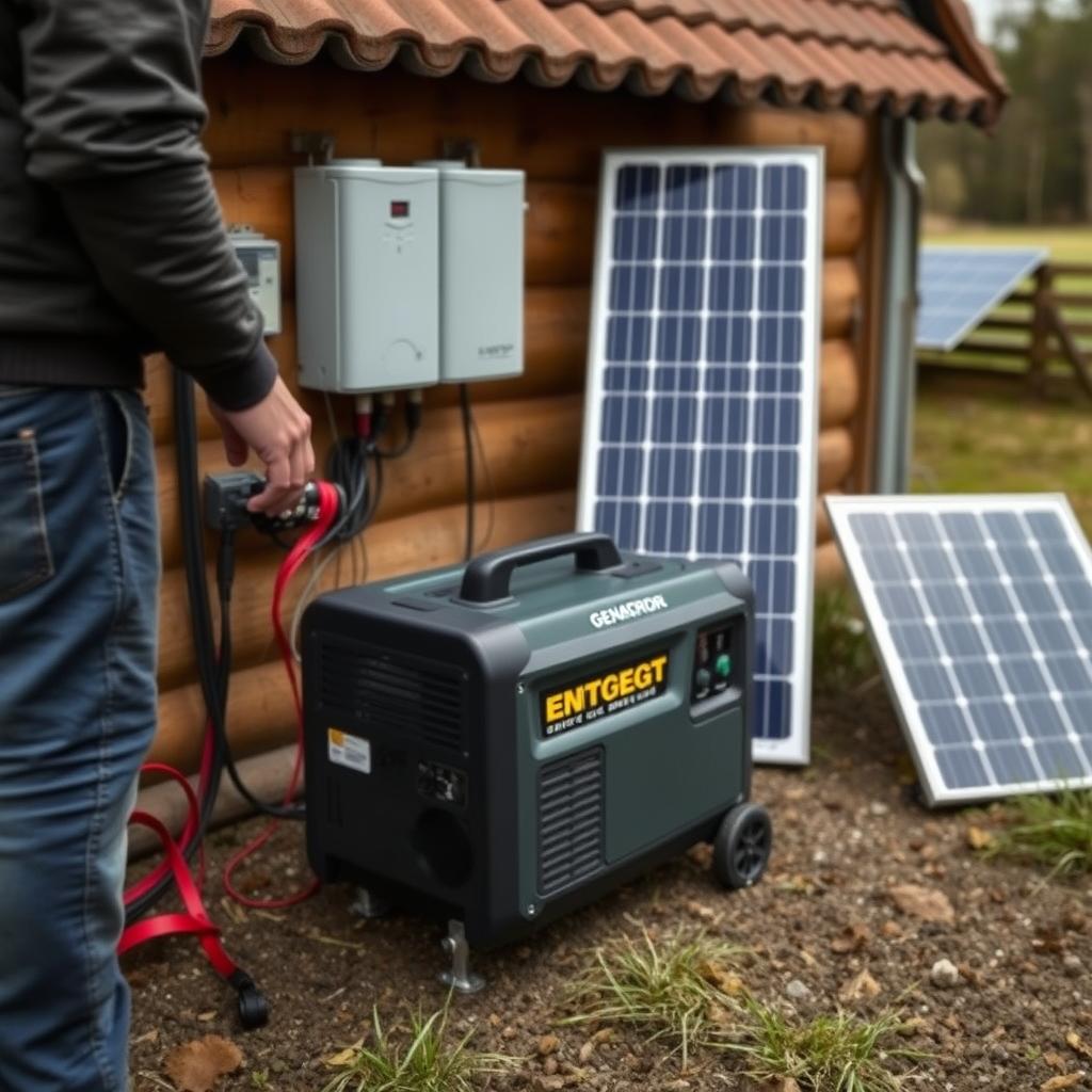 Person der bruger nødgenerator i et off-grid setup med solpaneler Person der bruger nødgenerator i et off-grid setup med solpaneler