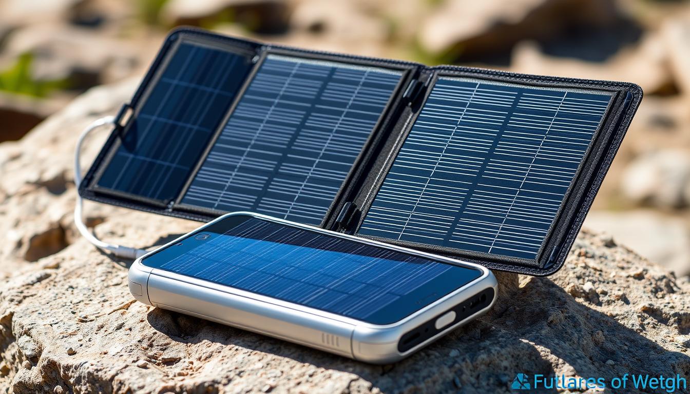 Solcelle powerbank med udfoldet solpanel oplader i direkte sollys