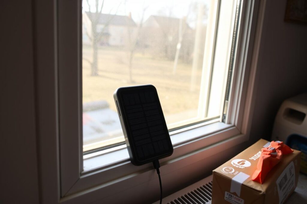 Solcelle powerbank placeret i vindue for optimal opladning under strømafbrydelse
