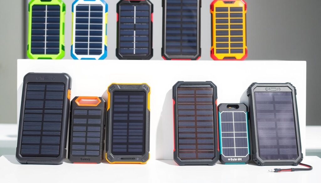 Udvalg af forskellige solcelle powerbanks egnet til beredskab og prepping